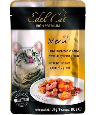 Паучи Edel Cat для кошек с Курицей и Уткой кусочки в желе 100 г. х 20 штук.