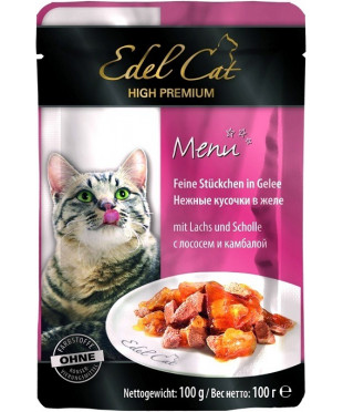 Паучи Edel Cat для кошек с Лососем и Камбалой кусочки в желе 100 г. х  20 штук.