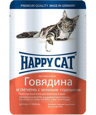 Влажный корм Happy Cat для кошек с Говядиной и Печенью с зеленым горошком кусочки в желе 100г х 22шт.